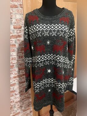 Shineflow Nordic Fair Isle Reindeer Knit Soft Tunic Sweater Winter Cabincore L